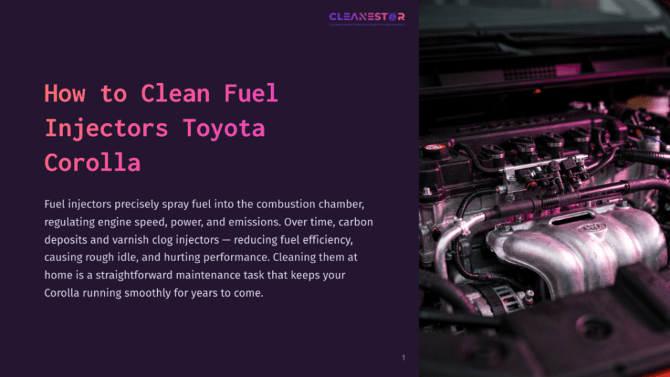 Close-Up Of A Clean Toyota Corolla Engine Bay, Focusing On The Fuel Injectors. The Text &Quot;Cleanestor&Quot; And &Quot;How To Clean Fuel Injectors Toyota Corolla&Quot; Is Visible.