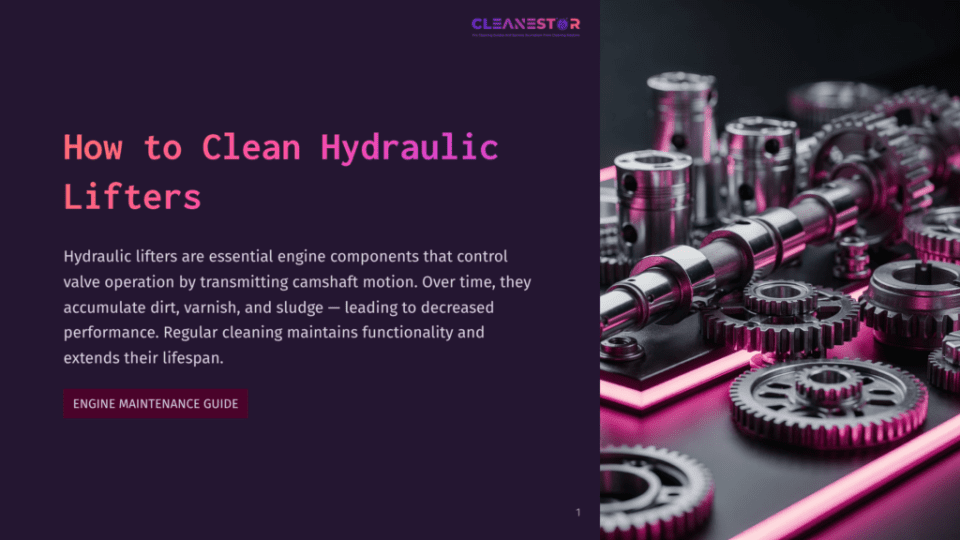 1 How To Clean Hydraulic Lifters Close-Up Of Clean, Shiny Hydraulic Lifters And Gears On A Dark Surface, With Bright Pink Neon Lighting Casting A Glow. Text Overlay Reads &Quot;How To Clean Hydraulic Lifters&Quot; And &Quot;Engine Maintenance Guide&Quot;.
