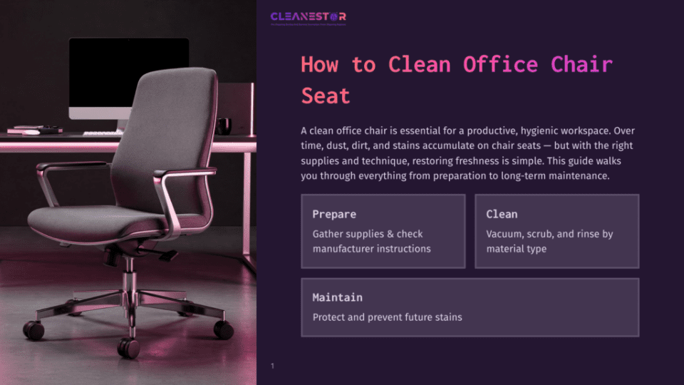1 How To Clean Office Chair Seat A Dark Gray Office Chair With Chrome Accents Sits In Front Of A Desk With A Computer Monitor. The Text &Quot;How To Clean Office Chair Seat&Quot; Is Prominently Displayed.