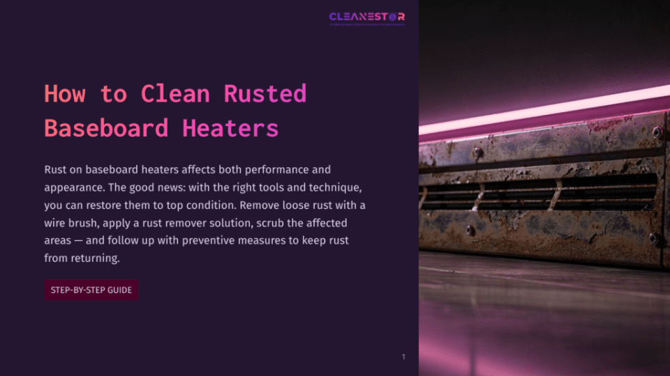 1 How To Clean Rusted Baseboard Heaters Close-Up Of A Rusted Baseboard Heater With A Pink Glow From Above, Showing Significant Rust Damage On Its Metal Casing. The Text &Quot;Cleanestor&Quot; Is Visible In The Top Right Corner.