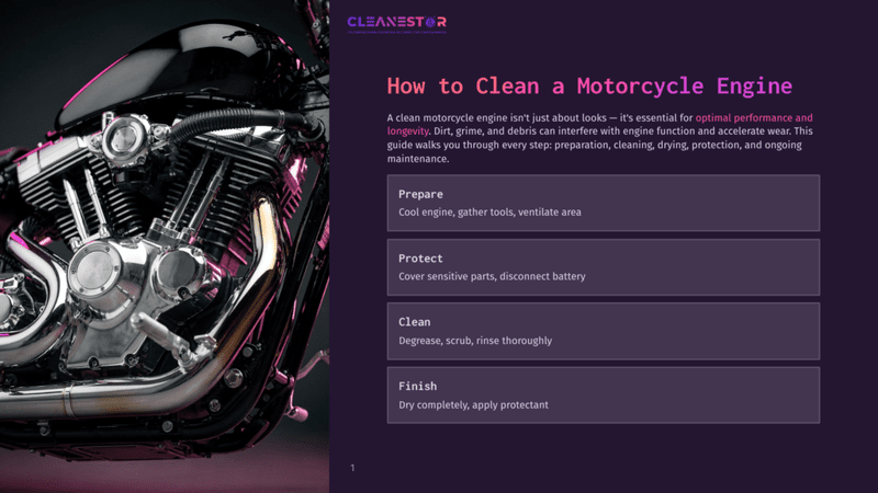 1 How To Clean A Motorcycle Engine Close-Up Of A Gleaming Chrome Motorcycle Engine, With Detailed Cylinders And Pipes, Against A Dark Background. Text Overlay Reads: &Quot;How To Clean A Motorcycle Engine&Quot; And &Quot;Cleanestor&Quot;.