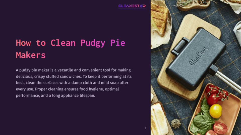1 How To Clean Pudgy Pie Makers A Black Pudgy Pie Maker With &Quot;Uno Casa&Quot; Branding Sits On A Wooden Board, Surrounded By Ingredients Like Cherry Tomatoes, Spinach, And A Sandwich. &Quot;How To Clean Pudgy Pie Makers&Quot; Is Displayed Prominently On A Purple Background.