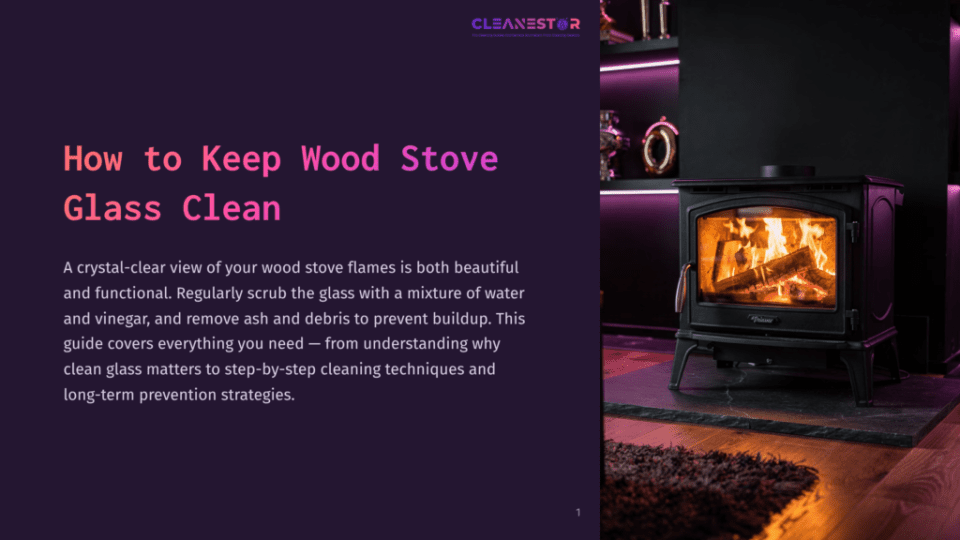 1 How To Keep Wood Stove Glass Clean A Wood Stove With A Glowing Fire Inside, Set Against A Dark, Modern Room With Purple Lighting. The Text &Quot;Cleanestor How To Keep Wood Stove Glass Clean&Quot; Is Visible.