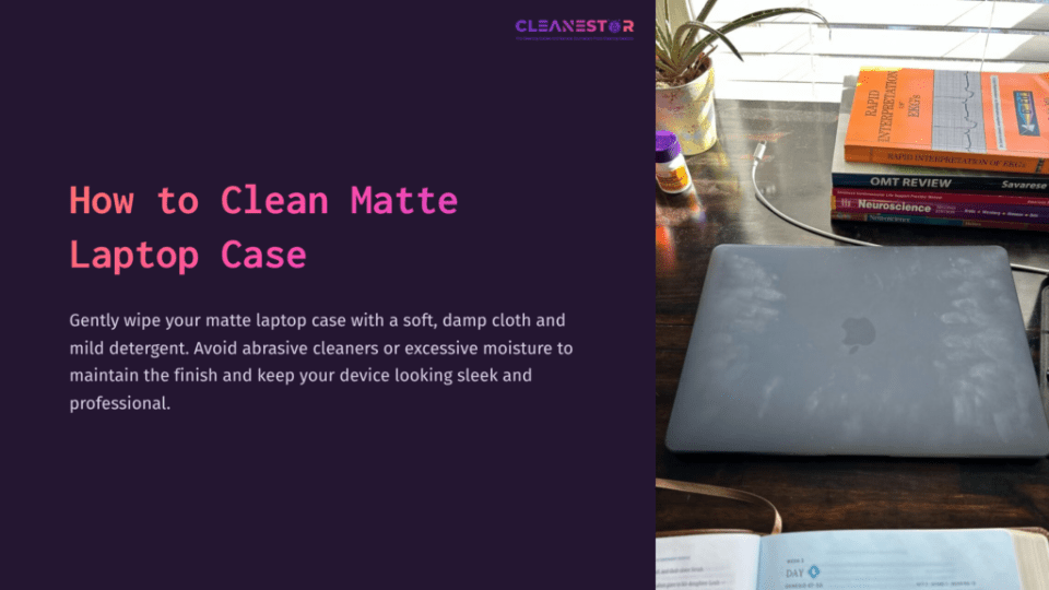 1 How To Clean Matte Laptop Case A Matte Laptop Case Resting On A Wooden Surface, Accompanied By A Plant, Cleaning Supplies, And An Open Notebook.