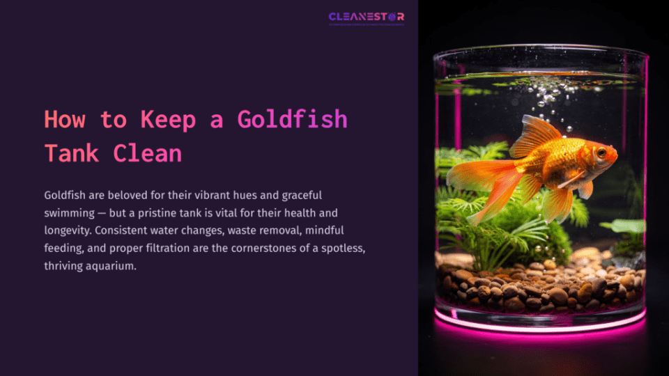 1 How To Keep A Goldfish Tank Clean A Goldfish Swims Gracefully In A Clear Aquarium Filled With Aquatic Plants And Pebbles, Set Against A Purple Background.