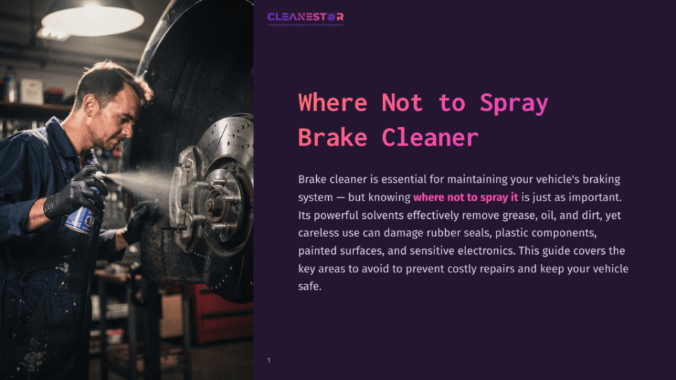 1 Where Not To Spray Brake Cleaner Mechanic Spraying Brake Cleaner Onto A Car'S Brake Rotor And Caliper, With &Quot;Cleanestor&Quot; Logo And &Quot;Where Not To Spray Brake Cleaner&Quot; Title Visible.