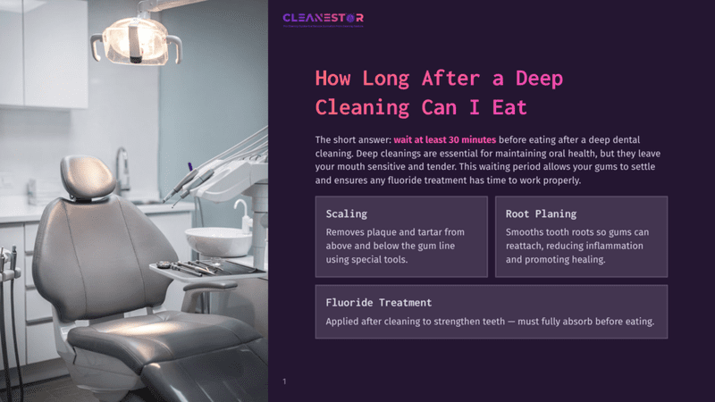 1 How Long After A Deep Cleaning Can I Eat Dental Operatory With Chair, Dental Tools, And Lighting. Text Overlay: &Quot;Cleanestor&Quot;, &Quot;How Long After A Deep Cleaning Can I Eat&Quot;, &Quot;Scaling&Quot;, &Quot;Root Planing&Quot;, &Quot;Fluoride Treatment&Quot;.