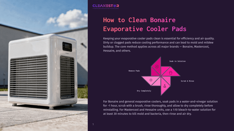 1 How To Clean Bonaire Evaporative Cooler Pads Cleanestor Logo At The Top Of A Page With Instructions On How To Clean Bonaire Evaporative Cooler Pads. A White Evaporative Cooler Unit Sits On A Patio.