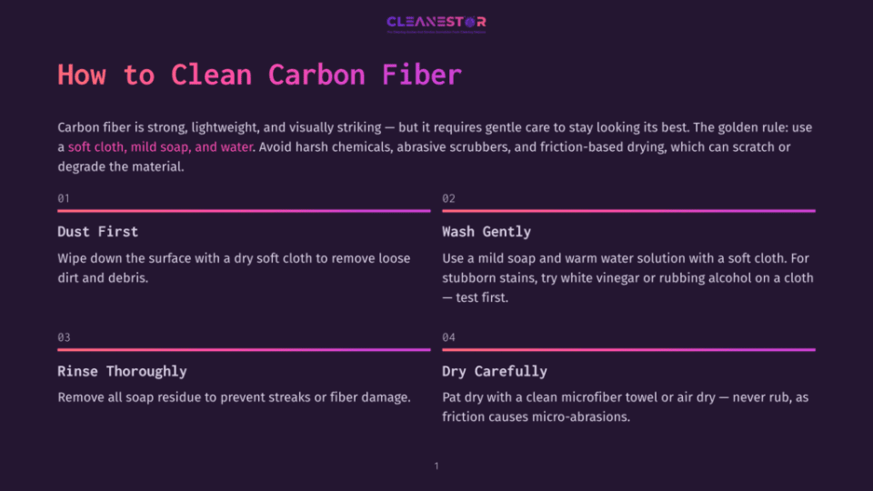 1 How To Clean Carbon Fiber Infographic Titled &Quot;How To Clean Carbon Fiber&Quot; With Steps: Dust First, Wash Gently, Rinse Thoroughly, And Dry Carefully, Featuring A Purple And Pink Gradient Background.