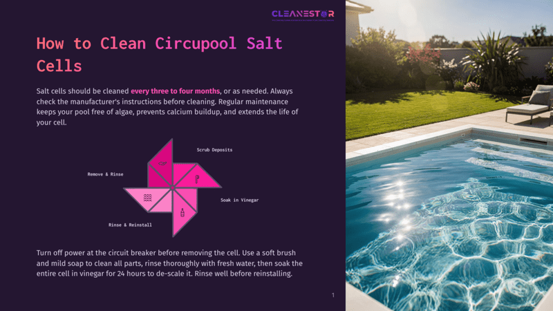 1 How To Clean Circupool Salt Cells Diagram Illustrating How To Clean A Circupool Salt Cell, With Steps Like &Quot;Scrub Deposits,&Quot; &Quot;Soak In Vinegar,&Quot; And &Quot;Rinse &Amp; Reinstall&Quot; Arranged In A Circular Flow Chart.