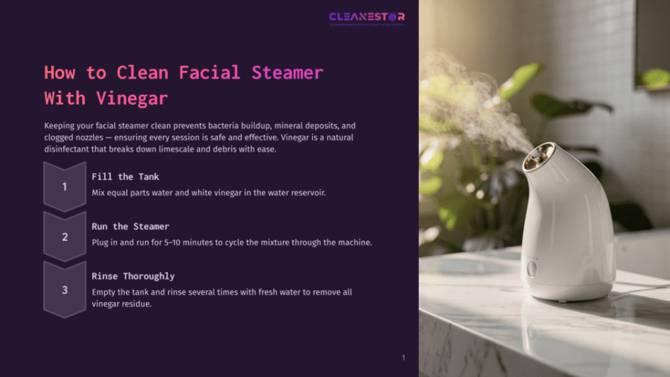 1 How To Clean Facial Steamer With Vinegar White Facial Steamer On A Marble Countertop, Producing Steam, With Text Overlay &Quot;How To Clean Facial Steamer With Vinegar&Quot;.