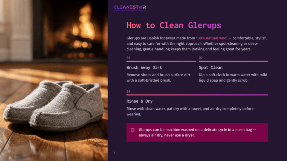 1 How To Clean Glerups Cozy Grey Wool Glerups Slippers Sit On A Wooden Floor In Front Of A Warm, Glowing Fireplace, Suggesting Comfort And Home.