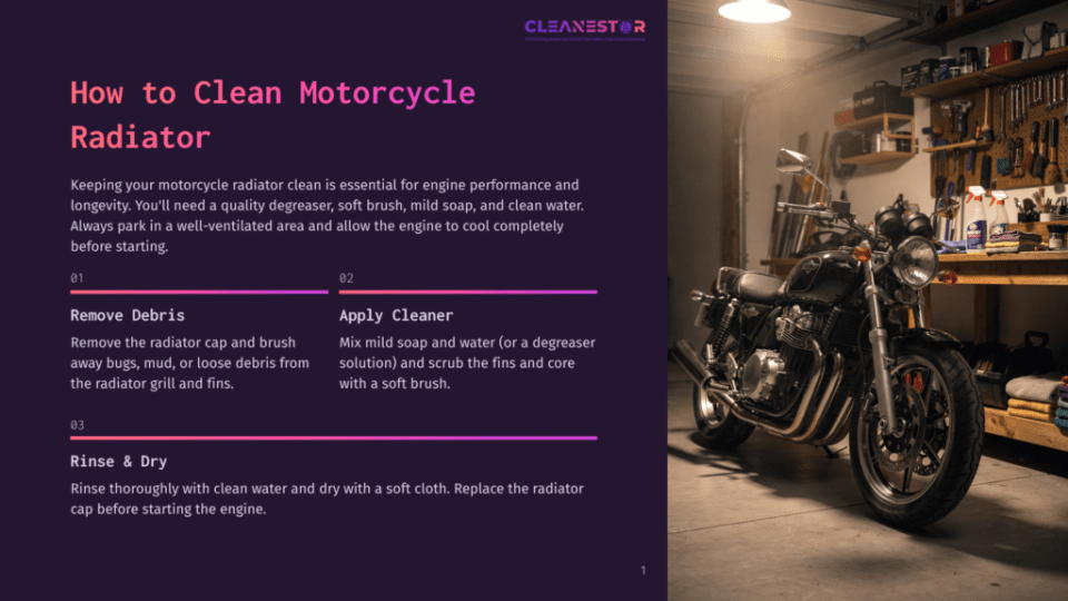 How To Clean Motorcycle Radiator&Quot; Infographic With Steps 1-3: Remove Debris, Apply Cleaner, Rinse &Amp; Dry. A Black Motorcycle Is Parked In A Well-Lit Garage With Tools On The Wall.