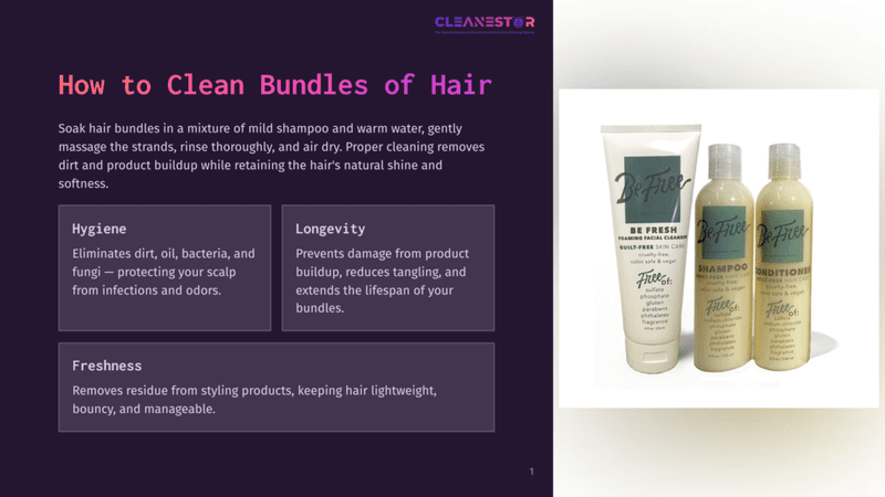 1 How To Clean Bundles Of Hair Be Free Shampoo And Conditioner Bottles On A Dark Purple Background With Text About Cleaning Hair Bundles.