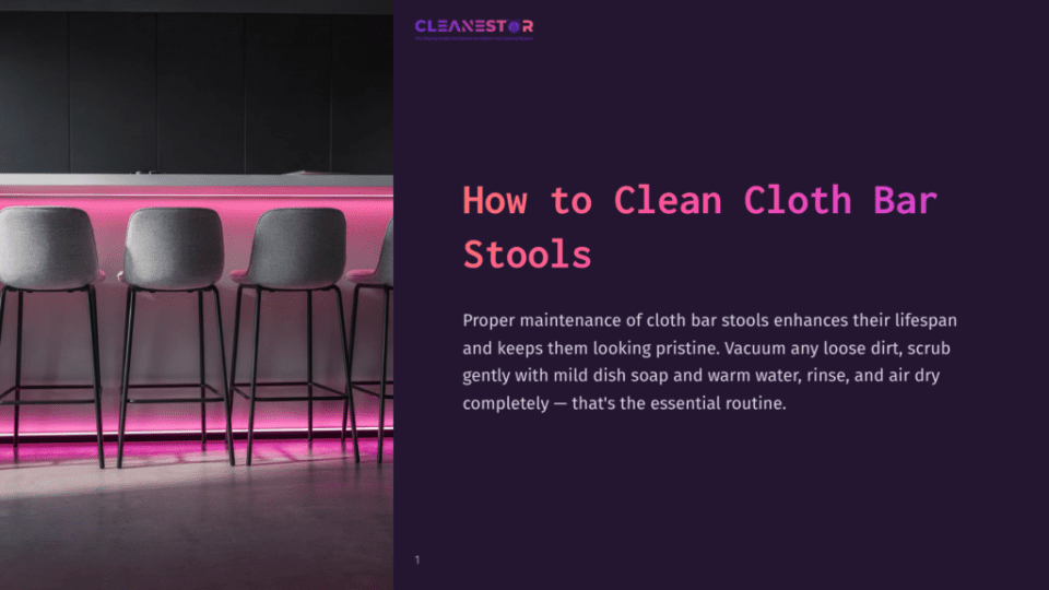 1 How To Clean Cloth Bar Stools Four Upholstered Bar Stools With Gray Fabric Seats And Black Metal Legs Are Arranged In A Row, Illuminated By Pink Led Lighting From Below. The Text &Quot;Cleanestor&Quot; Is Visible In The Top Left Corner.