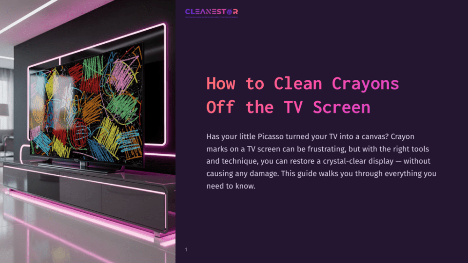 1 How To Clean Crayons Off The Tv Screen Modern Living Room With A Large Tv Screen Covered In Colorful Crayon Scribbles. The Tv Is Mounted On A Minimalist Entertainment Center With Pink Led Lighting. The Text &Quot;How To Clean Crayons Off The Tv Screen&Quot; Is Visible.