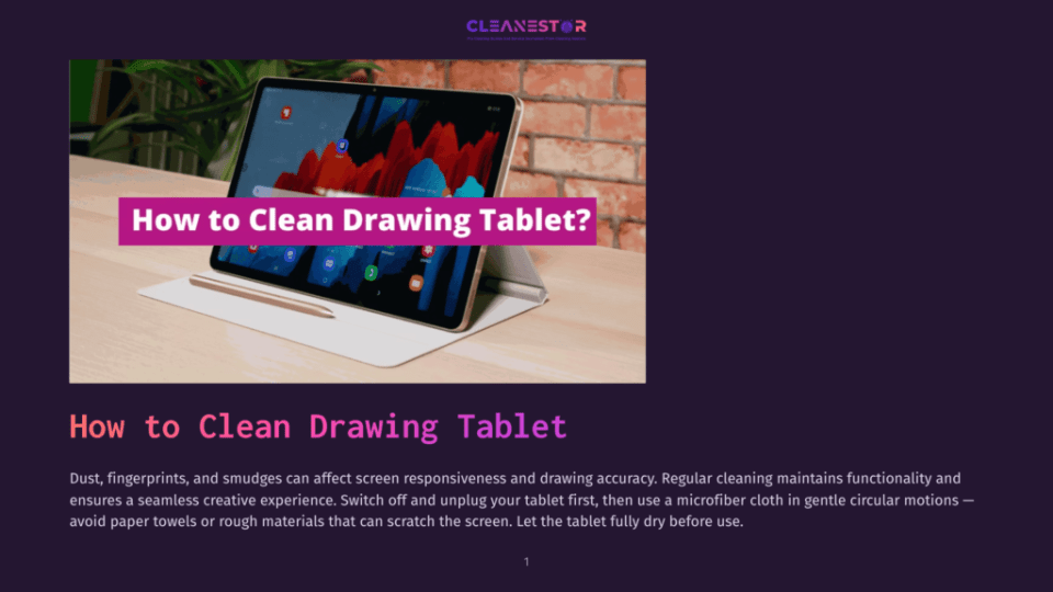 1 How To Clean Drawing Tablet A Modern Drawing Tablet With A Stylus Rests On A Light-Colored Stand, Its Screen Displaying A Colorful Wallpaper. The Text &Quot;How To Clean Drawing Tablet?&Quot; Is Prominently Displayed In White And Pink Text Over The Image.