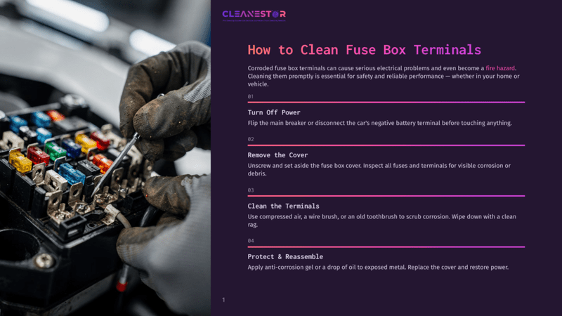 1 How To Clean Fuse Box Terminals 1 Close-Up Of A Person Wearing Work Gloves Cleaning Car Fuse Box Terminals With A Wire Brush. The Fuse Box Contains Colorful Fuses.