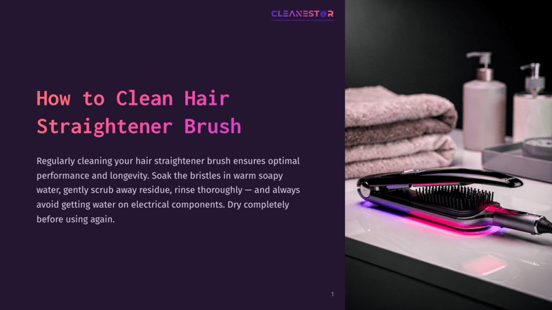 1 How To Clean Hair Straightener Brush A Black Hair Straightening Brush With Pink And Blue Glowing Bristles Sits On A White Countertop Next To Neatly Folded Pink Towels And Two Soap Dispensers.
