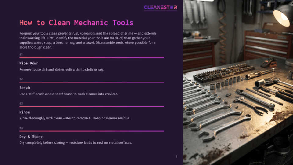 1 How To Clean Mechanic Tools A Collection Of Mechanic Tools, Including Wrenches And Sockets, Are Neatly Arranged On A Workbench. The Image Is Part Of A Guide On How To Clean Mechanic Tools, Featuring Text Overlays With Cleaning Instructions.