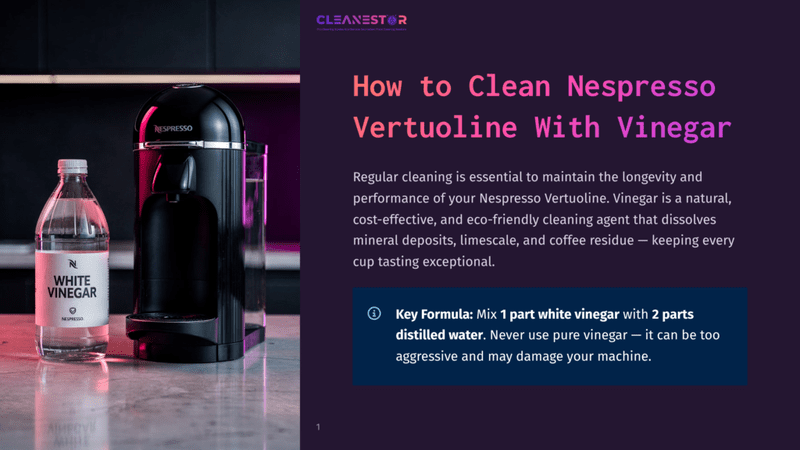 1 How To Clean Nespresso Vertuoline With Vinegar A Black Nespresso Vertuoline Machine Next To A Bottle Of White Vinegar On A Shiny Kitchen Countertop, With An Instructional Text Overlay About Cleaning The Machine With Vinegar.