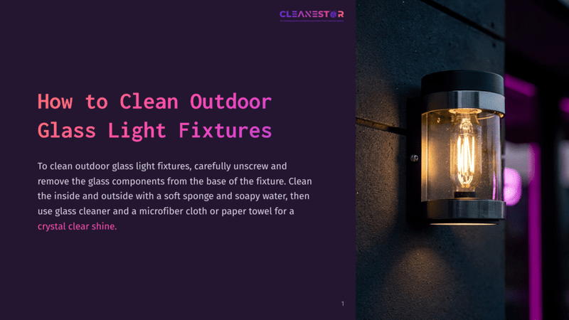 1 How To Clean Outdoor Glass Light Fixtures A Close-Up Of A Modern Outdoor Glass Light Fixture Mounted On A Dark, Textured Wall, With A Warm, Glowing Edison-Style Bulb Inside. The Text &Quot;How To Clean Outdoor Glass Light Fixtures&Quot; Is Overlaid In Purple.