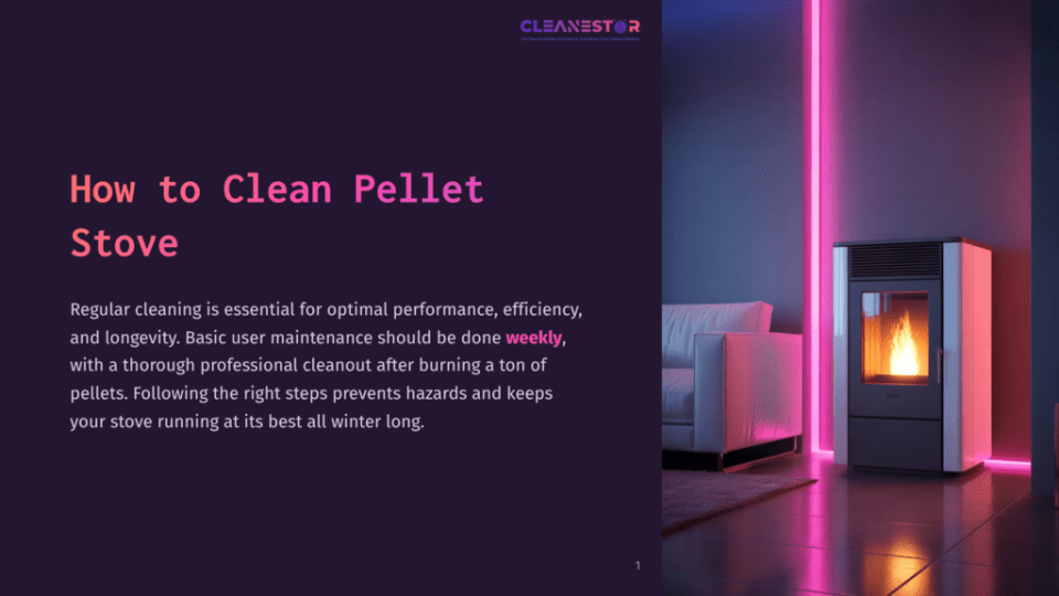 1 How To Clean Pellet Stove Cleanestor Logo And &Quot;How To Clean Pellet Stove&Quot; Text On A Dark Background, With A Modern Pellet Stove Glowing With Fire Next To A White Sofa.