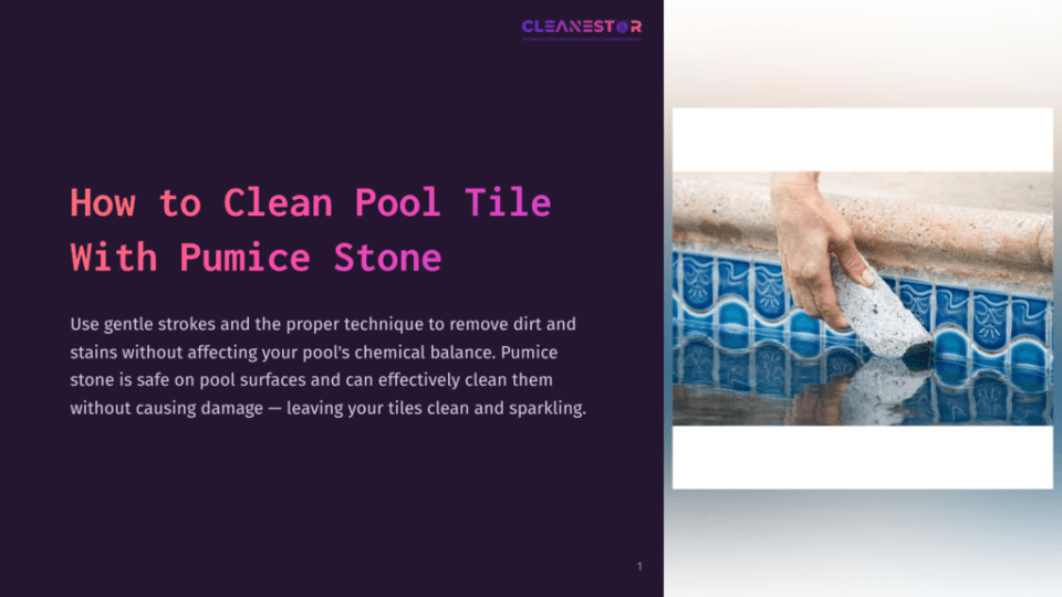 1 How To Clean Pool Tile With Pumice Stone A Hand Holds A Pumice Stone, Scrubbing The Blue Tiled Edge Of A Swimming Pool To Remove Dirt And Stains, Demonstrating How To Clean Pool Tile.