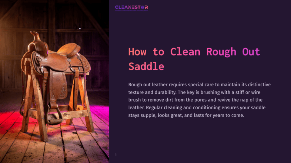 1 How To Clean Rough Out Saddle A Vintage Rough Out Leather Saddle Sits On A Wooden Stand In A Rustic Barn, Illuminated By Dramatic Red And Pink Lighting. Text Reads: &Quot;Cleanestor. How To Clean Rough Out Saddle.