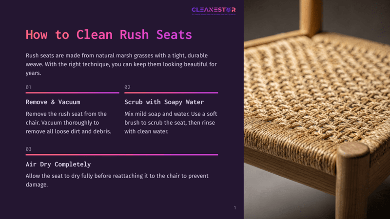 1 How To Clean Rush Seats A Close-Up Of A Rustic Wooden Rush Seat With A Woven Texture, Sitting On A Chair Against A Neutral Background, With A Text Overlay Displaying Instructions On Cleaning Rush Seats.