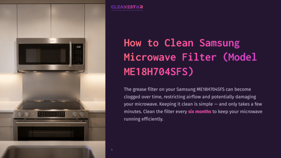 1 How To Clean Samsung Microwave Filter Model Me18H704Sfs Close-Up Of A Modern Stainless Steel Samsung Microwave Oven And Electric Stovetop, With The Text &Quot;Cleanestor&Quot; And &Quot;How To Clean Samsung Microwave Filter (Model Me18H704Sfs)&Quot; Visible On The Right.