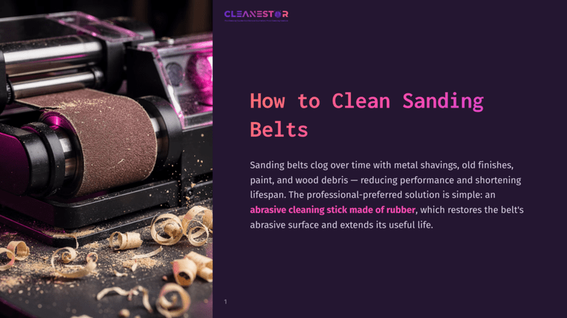 1 How To Clean Sanding Belts Close-Up Of A Sanding Belt On A Sanding Machine, Covered In Wood Shavings And Dust. Text Overlay Reads &Quot;Cleanestor&Quot; And &Quot;How To Clean Sanding Belts&Quot;.