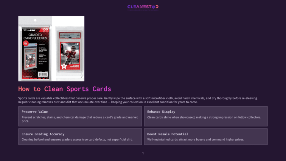 1 How To Clean Sports Cards Ultra-Pro Graded Card Sleeves And A Graded Sports Card Featuring A Football Player In Action. Text Includes &Quot;Cleanestor&Quot;, &Quot;Graded Card Sleeves&Quot;, And &Quot;Preserve Value&Quot;.