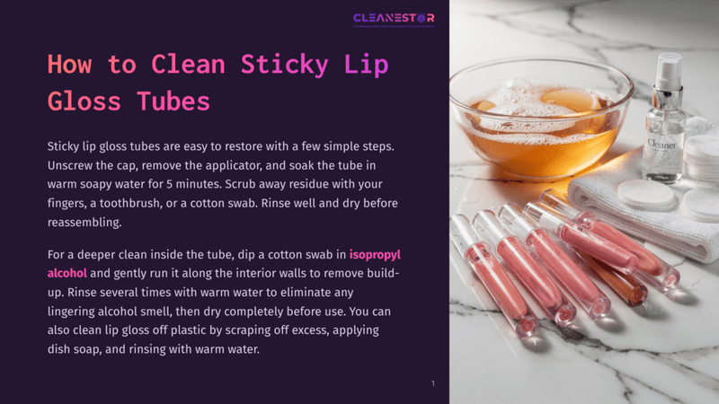 1 How To Clean Sticky Lip Gloss Tubes A Collection Of Lip Gloss Tubes With Pink And Nude Shades Are Arranged On A White Towel Next To Cotton Pads And A Bottle Of Cleaner. A Bowl Of Soapy Water Sits In The Background, Suggesting A Cleaning Process.