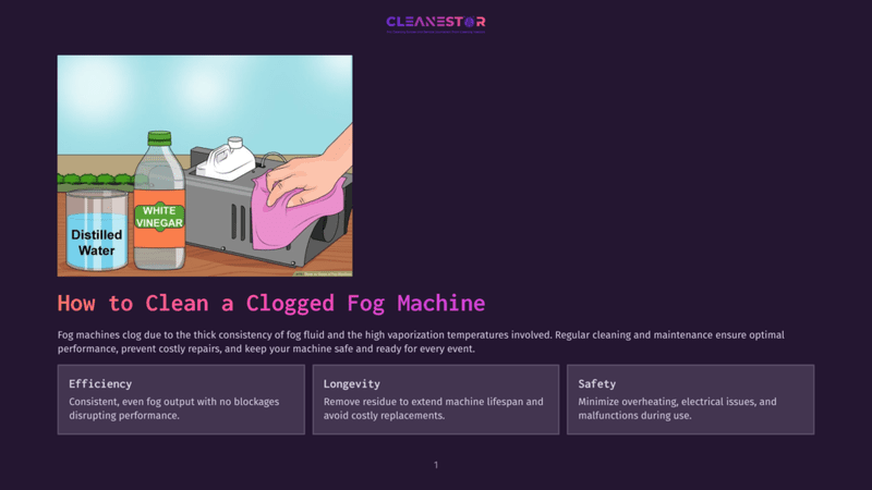 1 How To Clean A Clogged Fog Machine Illustration Of Cleaning A Fog Machine With Distilled Water And White Vinegar, With Text &Quot;How To Clean A Clogged Fog Machine&Quot; And Sections On Efficiency, Longevity, And Safety.