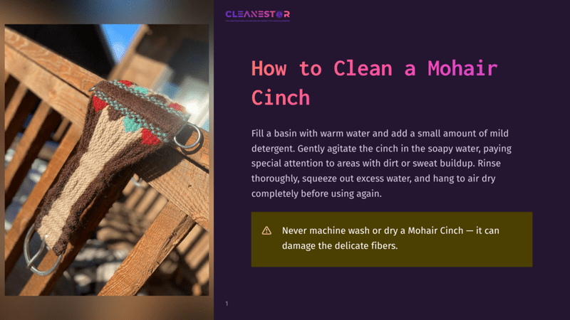 1 How To Clean A Mohair Cinch A Close-Up Of A Mohair Cinch With A Colorful Woven Pattern, Featuring Brown, Cream, And Red Diamond Designs, Attached To A Wooden Railing In The Sunlight. The Text &Quot;How To Clean A Mohair Cinch&Quot; Is Visible.