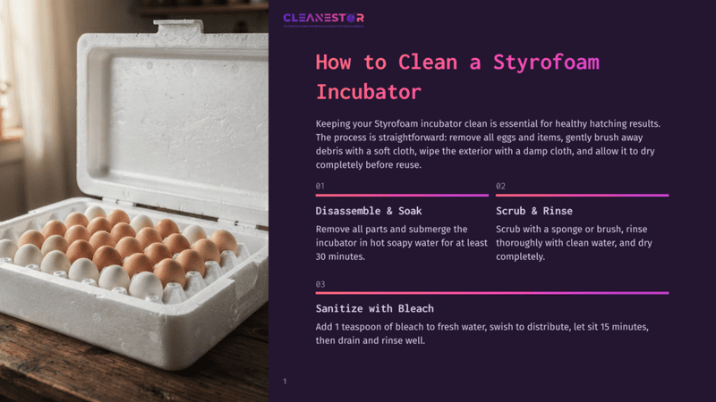 1 How To Clean A Styrofoam Incubator A White Styrofoam Incubator Containing Several Eggs, Partially Disassembled, With A Wooden Surface Beneath, And A Background Of Text Instructions On Cleaning It.