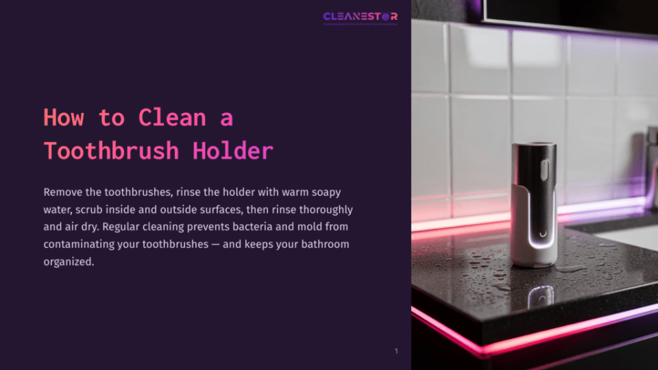 1 How To Clean A Toothbrush Holder A Modern Toothbrush Holder With A Sleek Design And A Glowing Light Sits On A Wet, Black Countertop, Illuminated By Colorful Led Strip Lights.