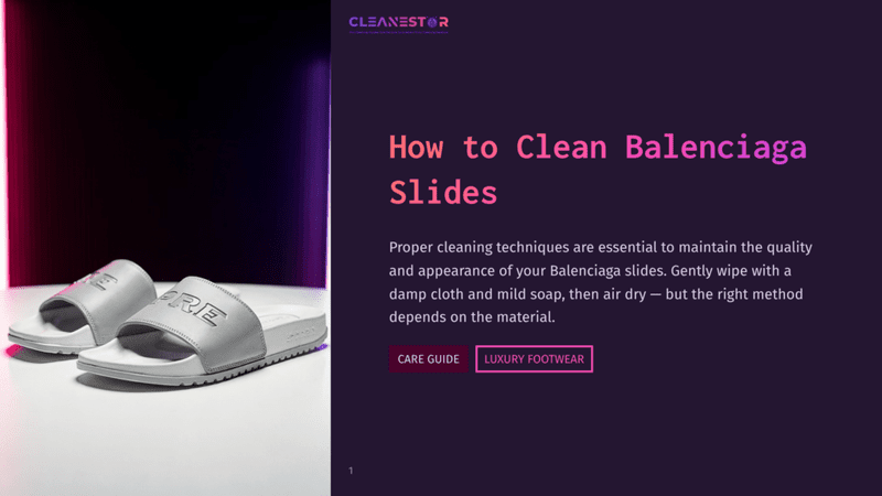 1 How To Clean Balenciaga Slides Close-Up Of Two White Balenciaga Slides With The Word &Quot;Balenciaga&Quot; Embossed On Them, Resting On A White Surface With A Dark, Moody Background Lit By Purple And Pink Neon Lights.