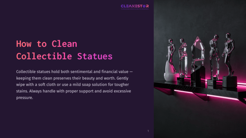 1 How To Clean Collectible Statues A Collection Of Modern, Gleaming Collectible Statues Displayed On A Dark Shelf With Vibrant Pink Neon Lighting. The Text &Quot;Cleanestor&Quot; Is Visible At The Top.