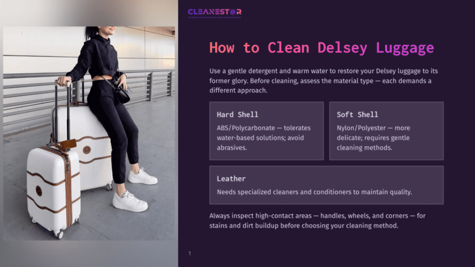 1 How To Clean Delsey Luggage Woman In A Black Outfit With A White Delsey Luggage Set, Ready For Travel. The Image Includes Text About Cleaning Delsey Luggage.