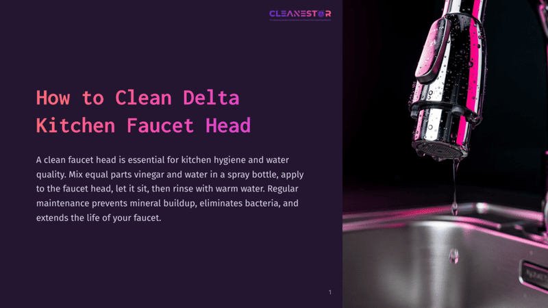 1 How To Clean Delta Kitchen Faucet Head Close-Up Of A Shiny Chrome Delta Kitchen Faucet Head With Water Droplets, Dripping Water Into A Stainless Steel Sink. The Background Is Dark And Out Of Focus.