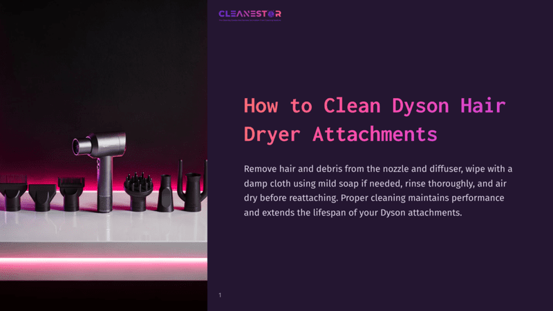 1 How To Clean Dyson Hair Dryer Attachments Cleanestor Logo And &Quot;How To Clean Dyson Hair Dryer Attachments&Quot; Text Above A Dyson Supersonic Hair Dryer With Multiple Attachments On A White Shelf With Pink Lighting.