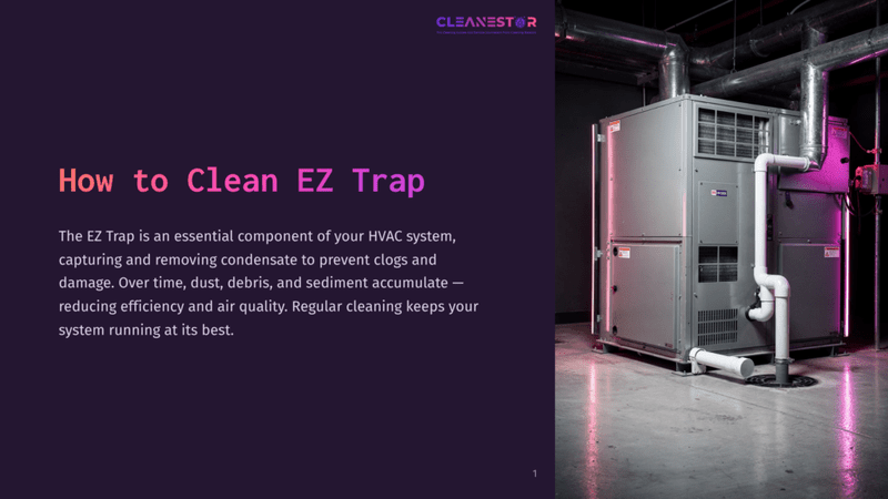1 How To Clean Ez Trap Large Commercial Hvac Unit With Pipes And Ductwork In A Dimly Lit Room, With Pink And Purple Lighting Highlighting The Equipment. &Quot;Cleanestor&Quot; Text Is Visible At The Top.