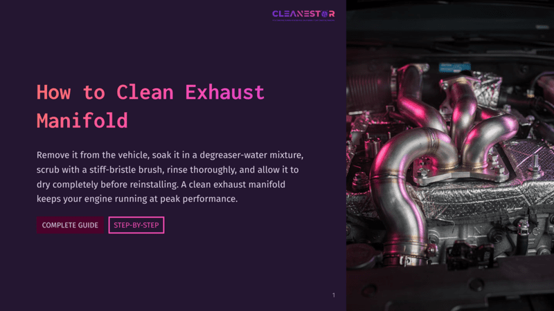 1 How To Clean Exhaust Manifold Close-Up Of A Shiny, Clean Exhaust Manifold In An Engine Bay, With Purple And Pink Lighting Highlighting The Polished Metal Tubes And Heat Shield. Text Overlay Reads &Quot;Cleanestor&Quot; And &Quot;How To Clean Exhaust Manifold.