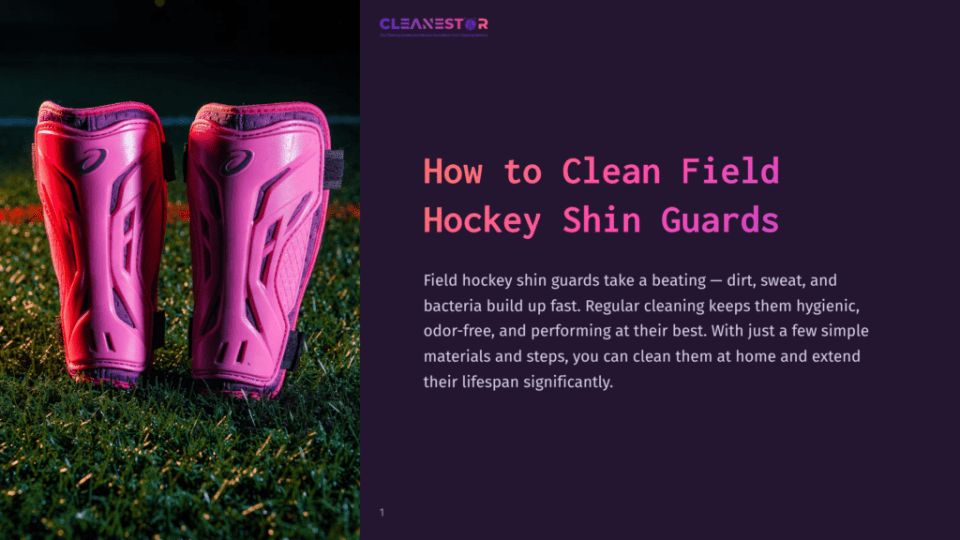 1 How To Clean Field Hockey Shin Guards Close-Up Of Bright Pink Field Hockey Shin Guards Resting On Vibrant Green Artificial Turf, With The Cleanestor Logo Visible In The Top Right Corner.