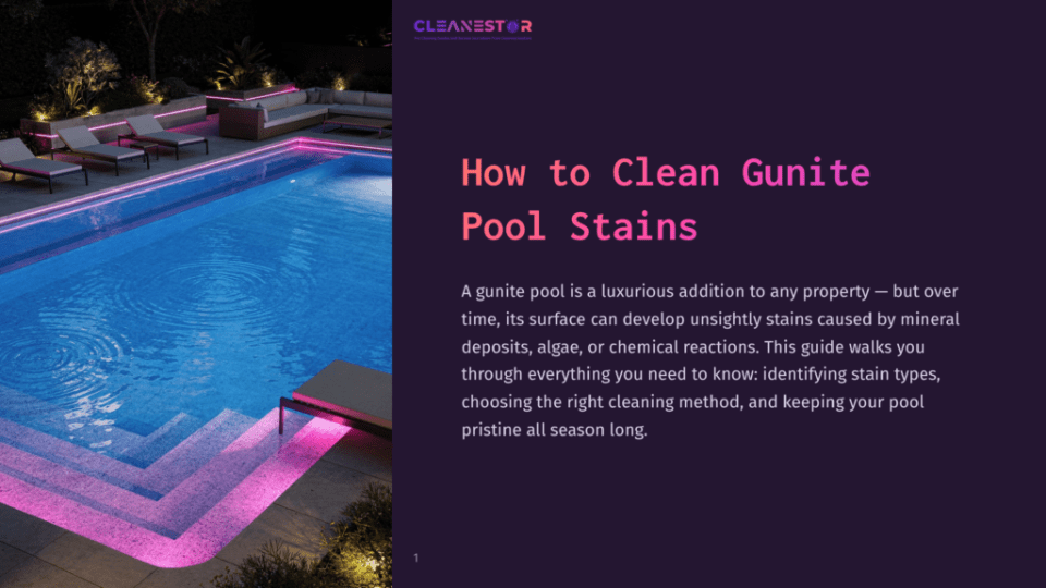 1 How To Clean Gunite Pool Stains Cleanestor Logo Above A Guide On &Quot;How To Clean Gunite Pool Stains,&Quot; Featuring A Luxurious Gunite Swimming Pool At Night With Pink Led Lighting On The Steps And Lounge Chairs.