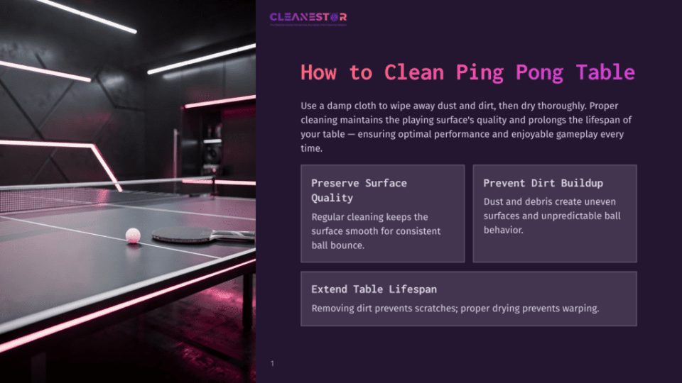 1 How To Clean Ping Pong Table A Clean, Modern Ping Pong Table With A Black Surface And Neon Pink Trim, Set In A Dimly Lit Room. A Ping Pong Paddle Rests On The Table. Text Overlay Reads &Quot;Cleanestor How To Clean Ping Pong Table&Quot;.
