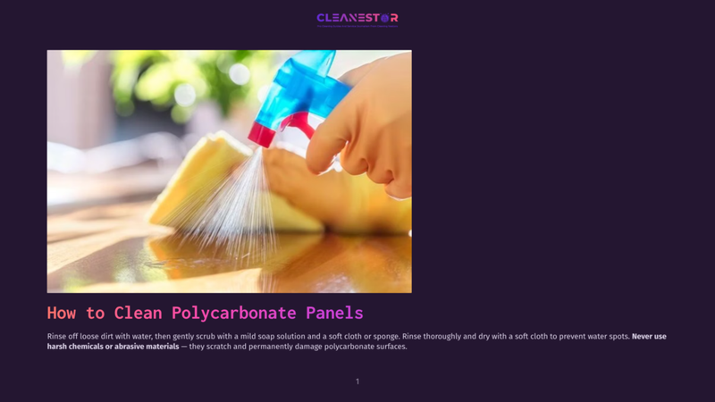1 How To Clean Polycarbonate Panels 1 A Gloved Hand Sprays A Cleaning Solution Onto A Polycarbonate Panel, With Text Overlay &Quot;How To Clean Polycarbonate Panels&Quot;.