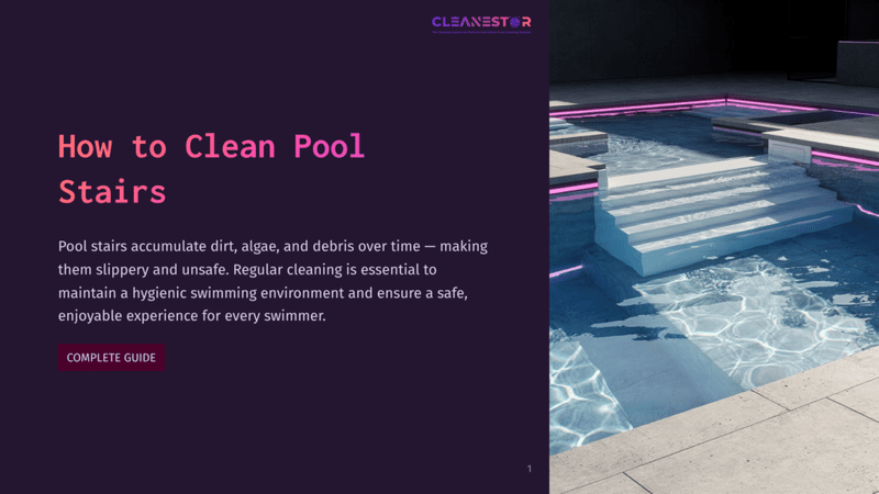 1 How To Clean Pool Stairs Modern Swimming Pool With Illuminated Steps And Lounge Area. The Text &Quot;How To Clean Pool Stairs&Quot; Is Visible On The Left.